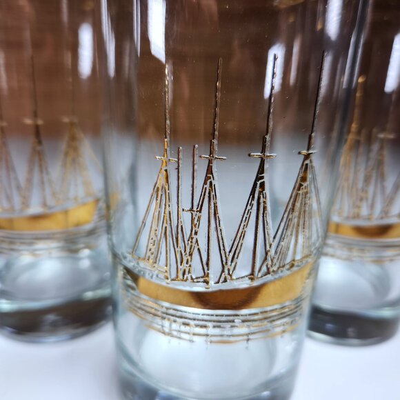 Vintage Schooner Ship Highball Glasses Gold Embossed Mid Century Barware - Picture 3 of 11